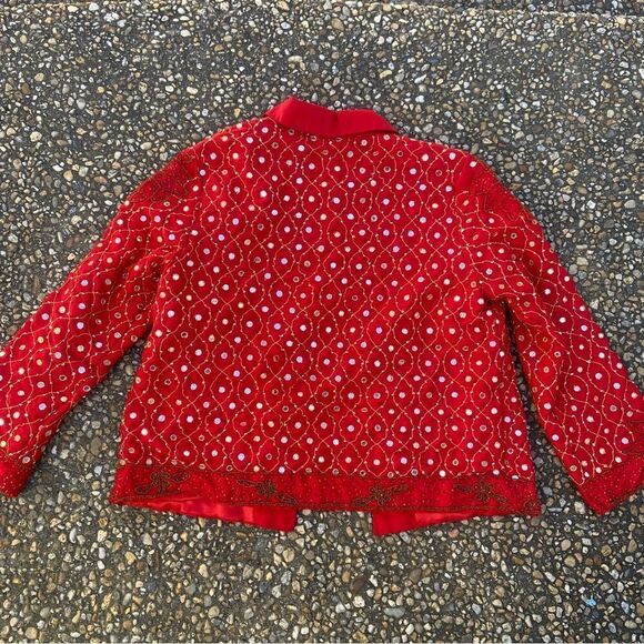 Vtg Drapers & Damon’s bright red ethnic beaded gold trim mirror disc jacket - Picture 6 of 8